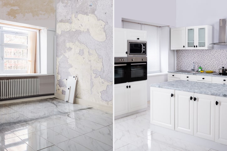 a split image showing a kitchen before and after renovation